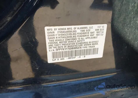 2013 Honda Ridgeline Sport from USA, damaged, VIN 5FPYK1F75DB005376
